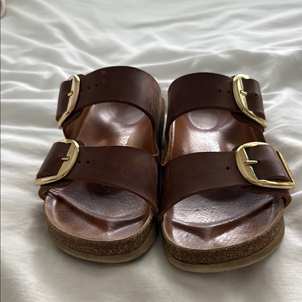 Birkenstock Arizona Brown Leather Sandals with Gold Buckles- size 37